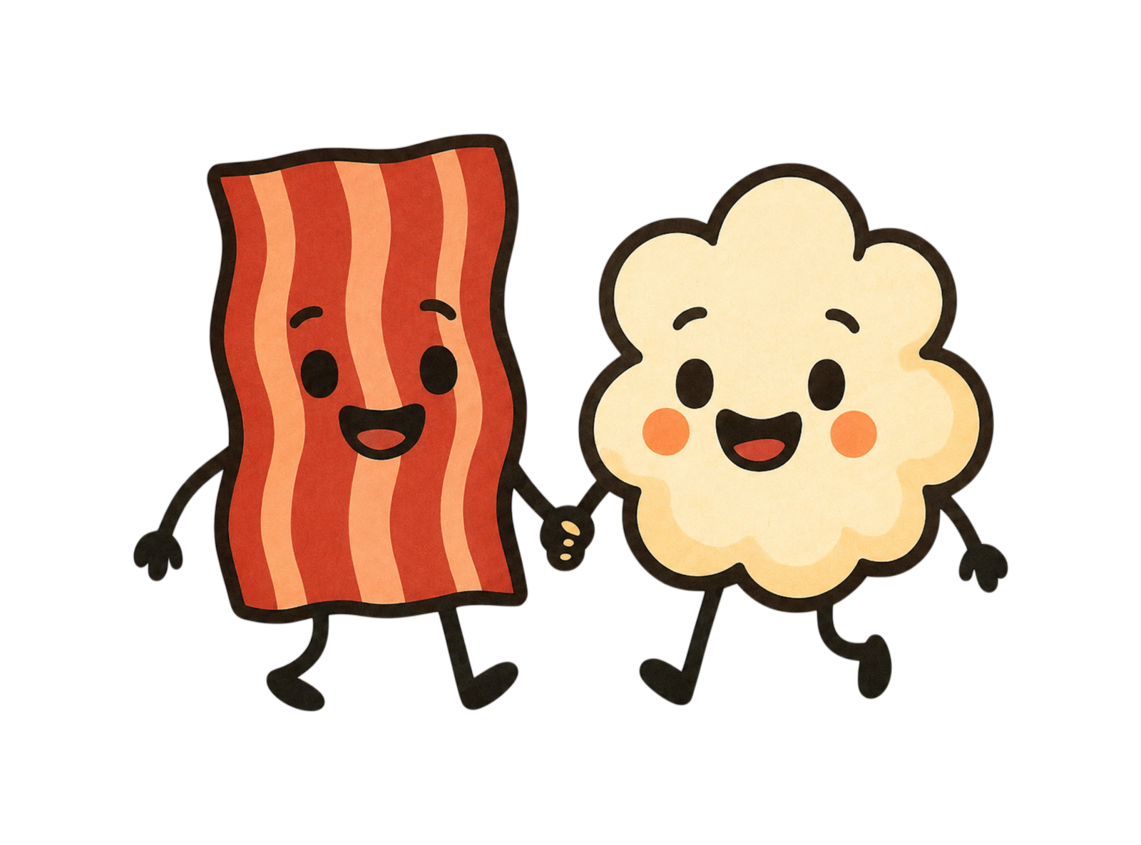 Bacon strip and popcorn piece mascots holding hands.